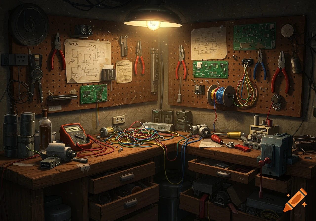 A detailed, realistic view of a messy electrician's workshop, with tools, wires, circuit boards, and a multimeter on a wooden workbench and pegboard.