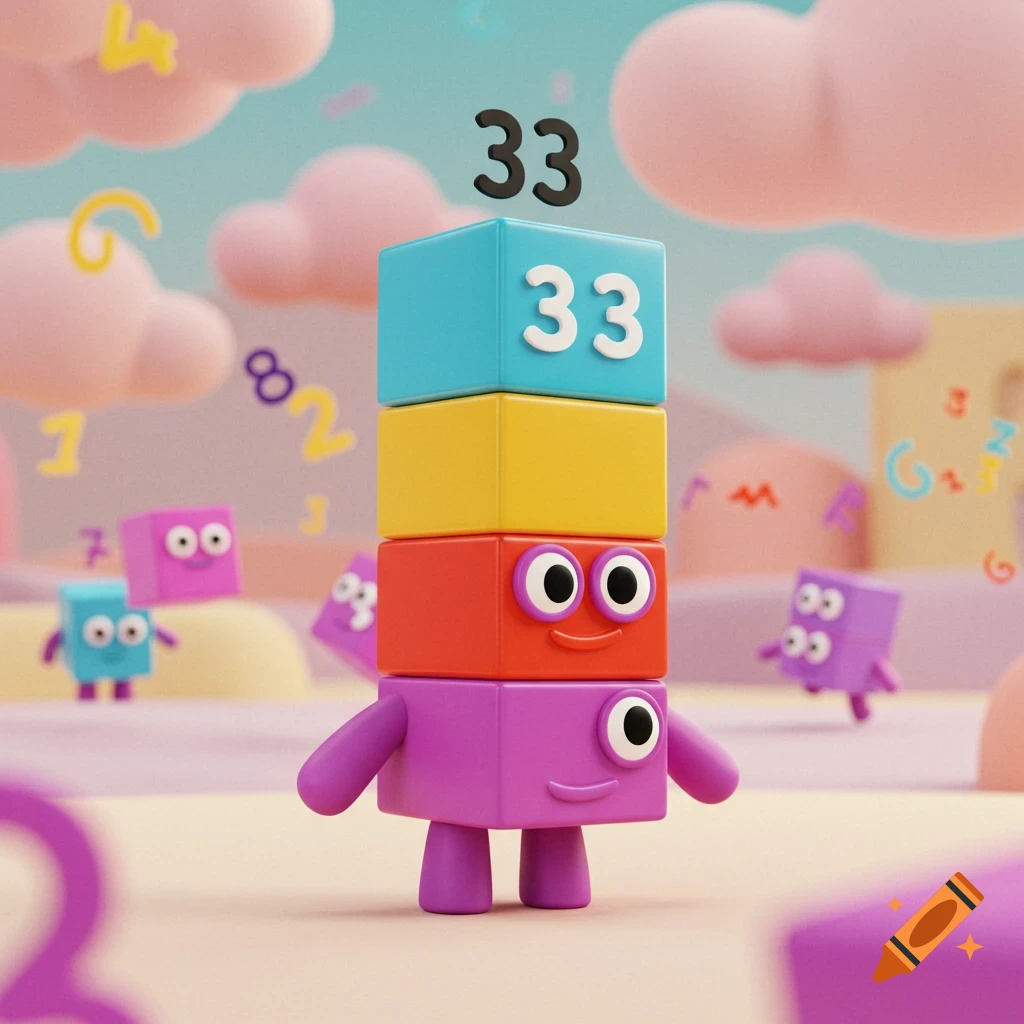 A stack of colorful toy blocks forming a character, with the number 33 prominently displayed, in a whimsical cartoon setting.