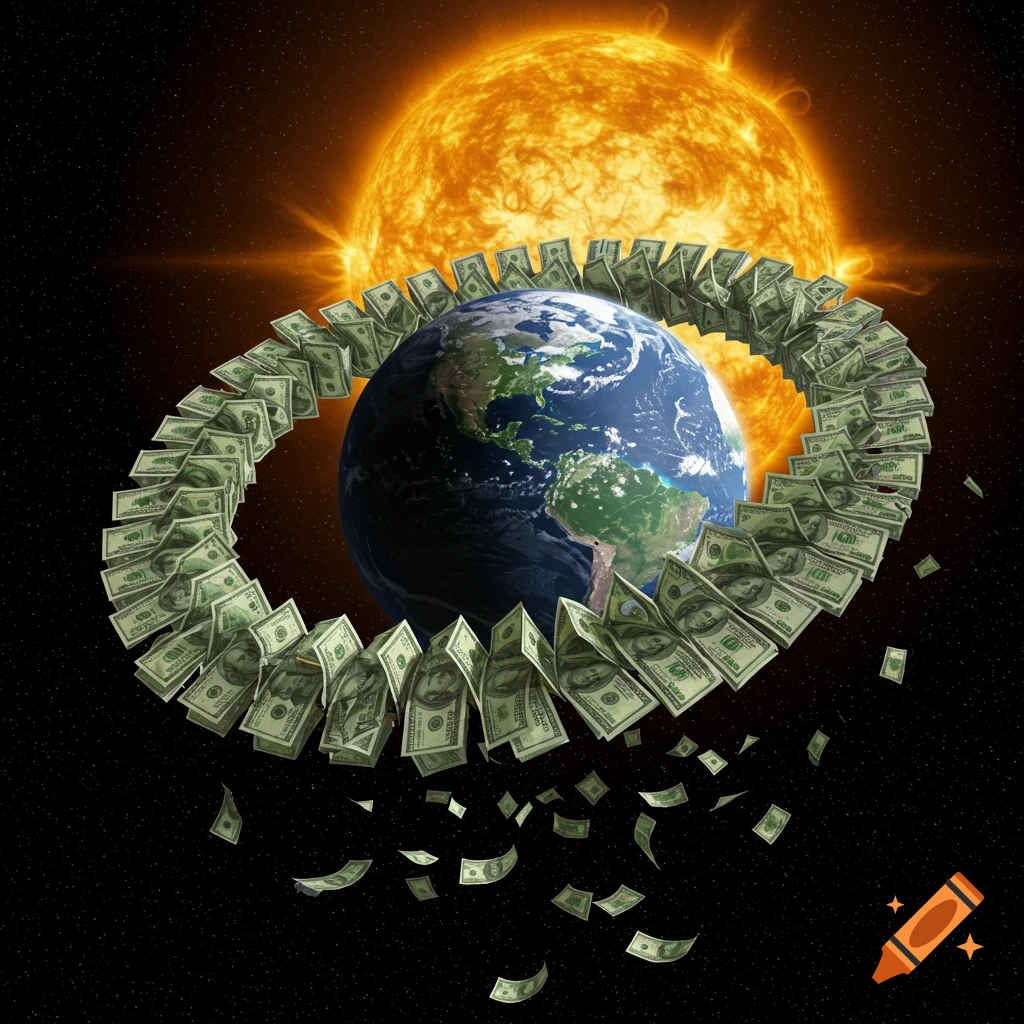 An illustration of the Earth with a swirling ring of hundreds of dollar bills orbiting it, set against a dark starry sky with a bright, fiery sun in the background.