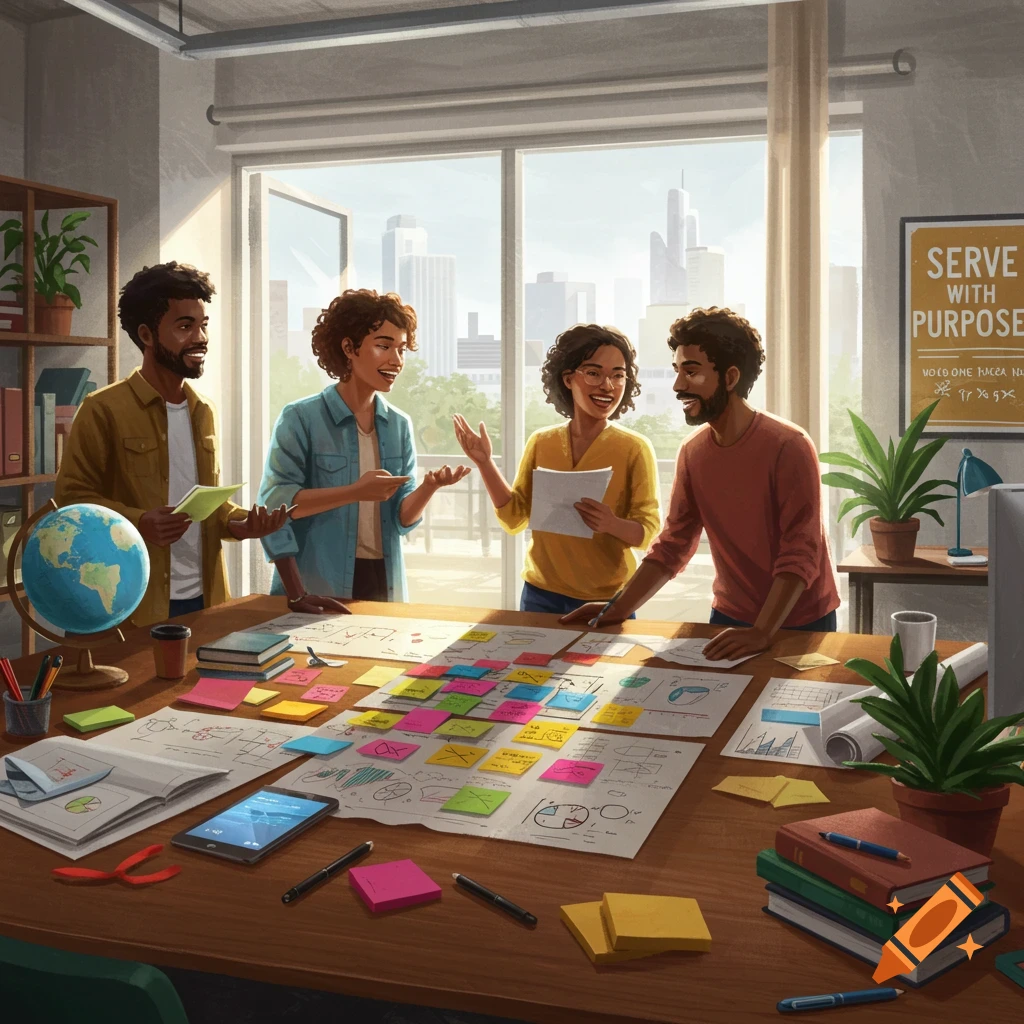 Four diverse people collaborate around a large table covered in sticky notes and documents in a bright office.