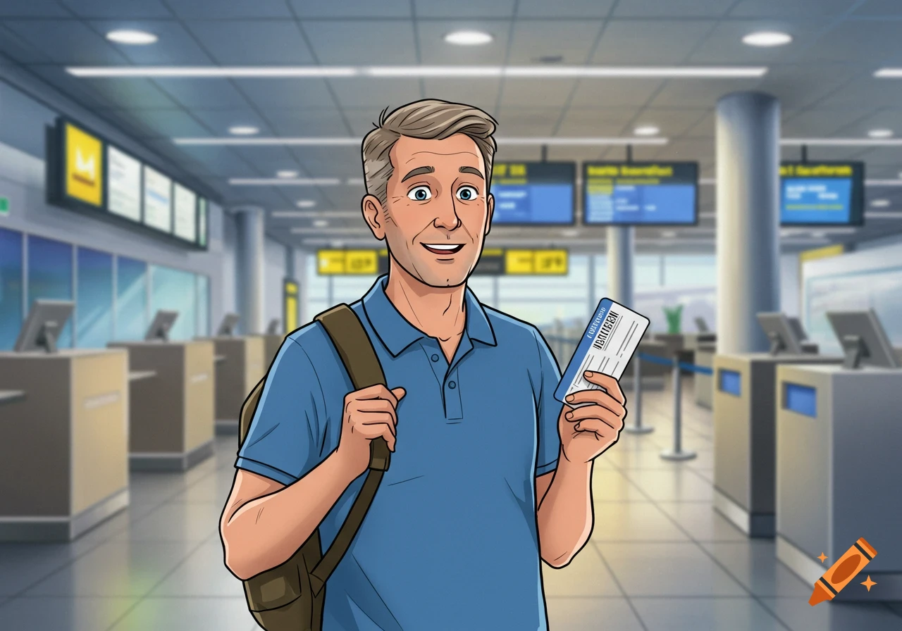A cartoon middle-aged man in a blue polo shirt and backpack smiles while holding a boarding pass in an airport.