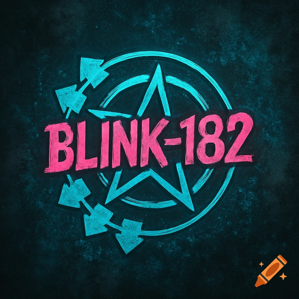 Blink-182 band logo featuring pink brushstroke text and a teal circular  design with arrows and a star. on Craiyon, image size:1024x1024