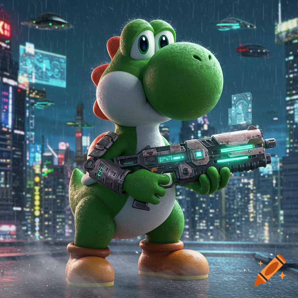 Yoshi cartoon with a Kawasaki ZX4RR motorcycle in black and
