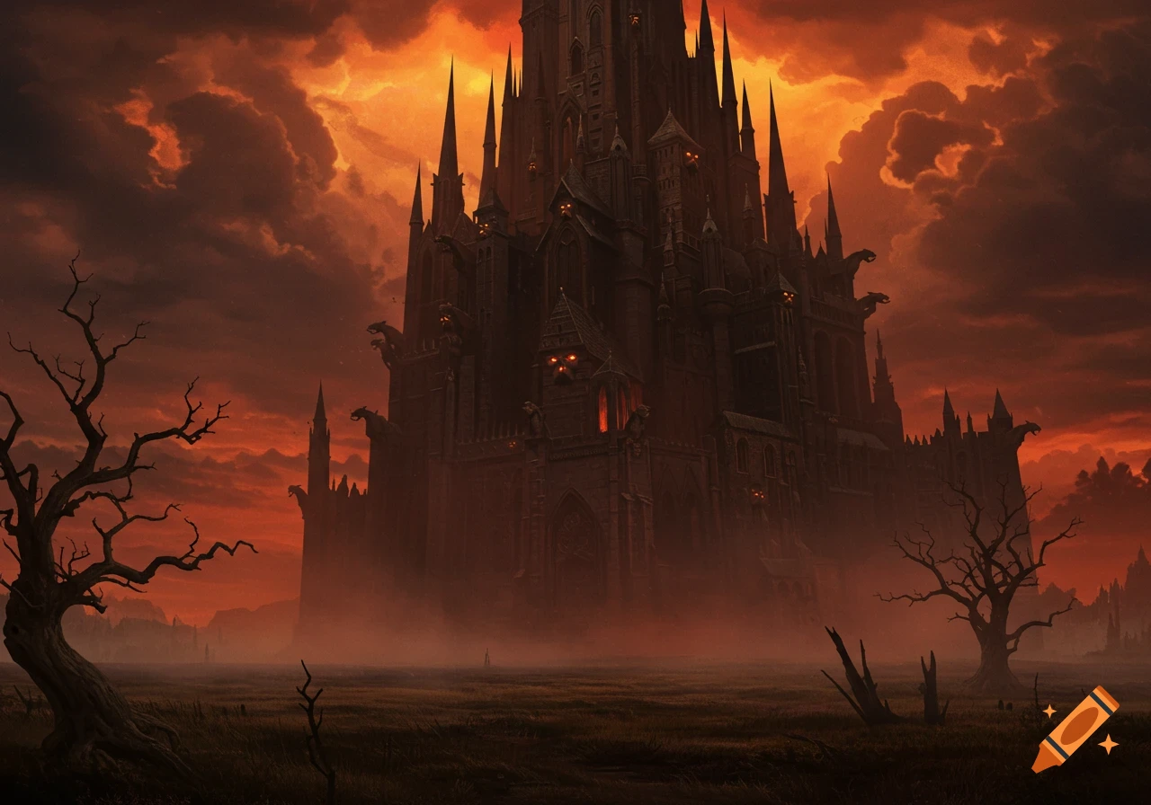 A dark, menacing gothic castle with glowing orange windows under a fiery red and orange sky, surrounded by desolate, foggy land and bare trees.