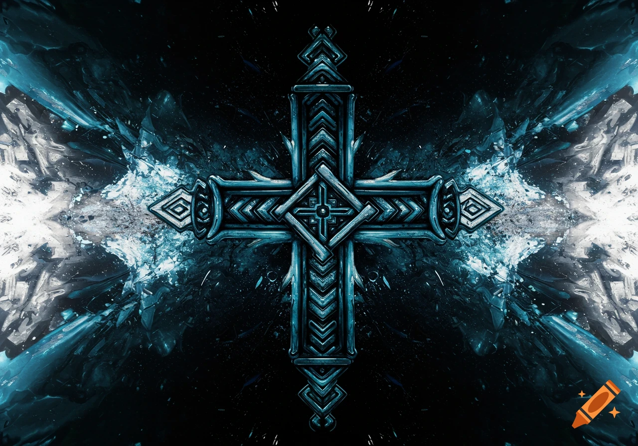 A stylized, dark teal cross with intricate patterns against an icy blue and black abstract background.
