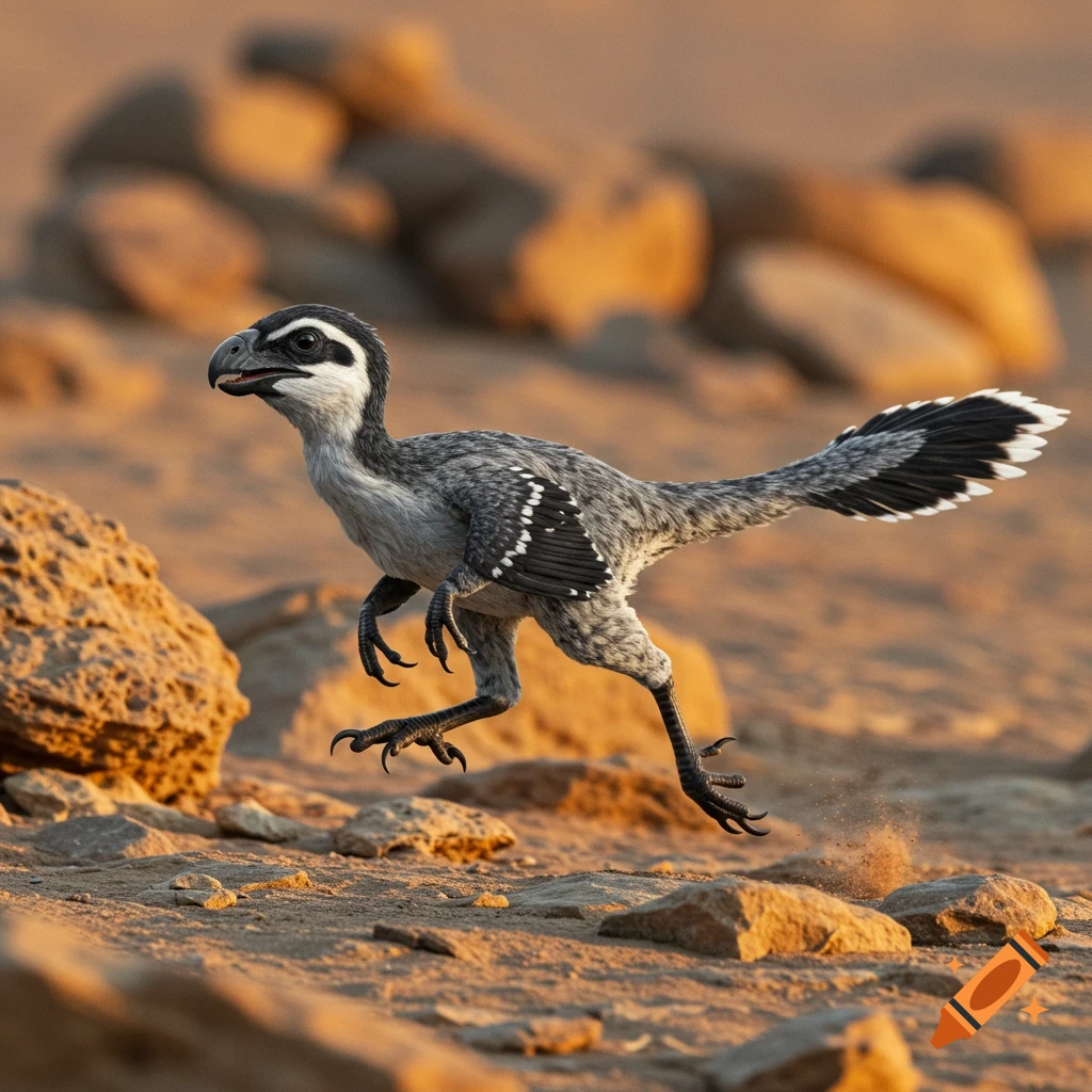 A photorealistic gray, black, and white feathered dinosaur-like creature running over sandy ground and rocks in a desert landscape.
