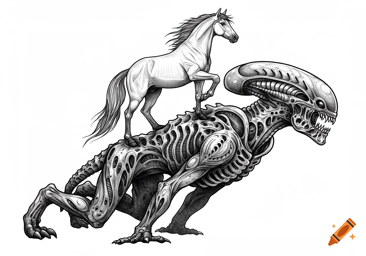 A white horse stands on the back of a black and white alien creature in a detailed tattoo style illustration.
