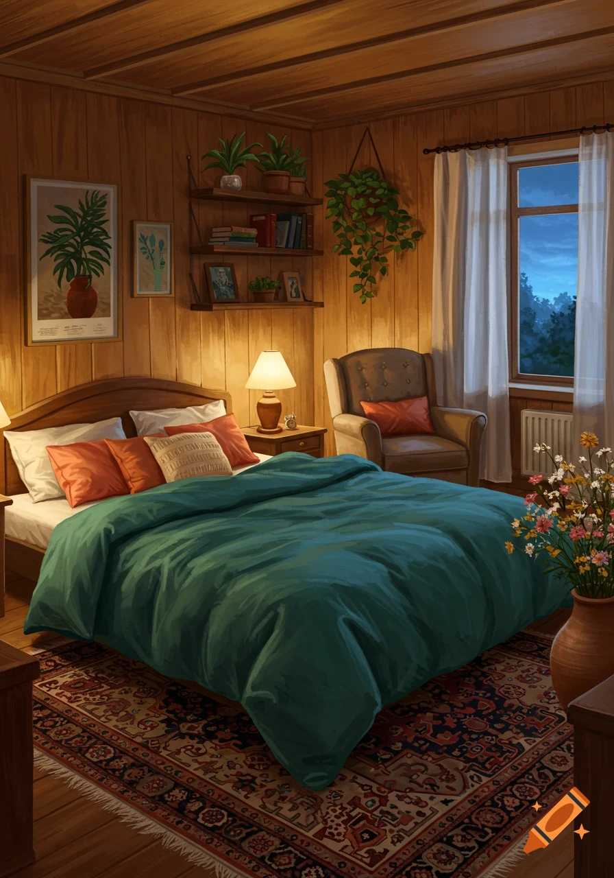 A cozy bedroom with a wooden ceiling and walls, a bed with a teal duvet and orange pillows, a patterned rug, and plants.