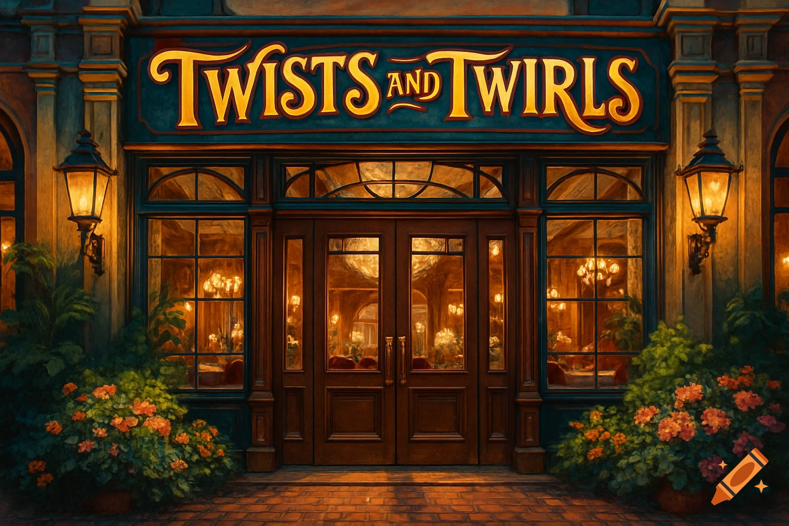 A warmly lit restaurant facade with 'Twists and Twirls' sign, ornate lamps, and potted flowering plants in a painterly style.