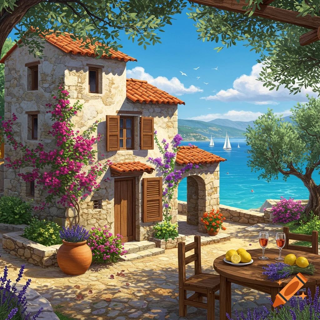 A vibrant Mediterranean stone cottage with flowers, a patio with a table, lemons, and wine, overlooking a blue sea with sailboats.