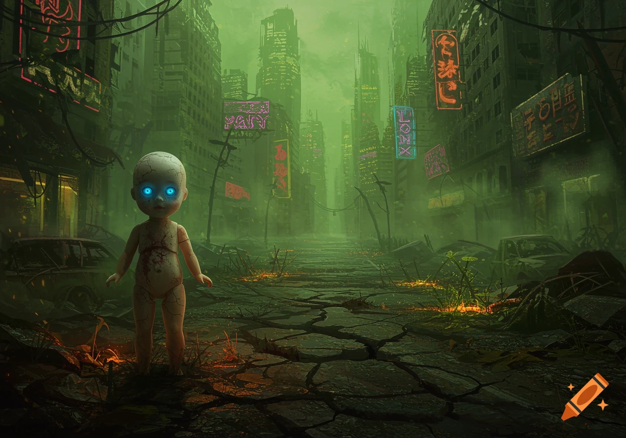 A creepy cracked doll with glowing blue eyes stands in the foreground of a green, hazy post-apocalyptic city with neon signs.