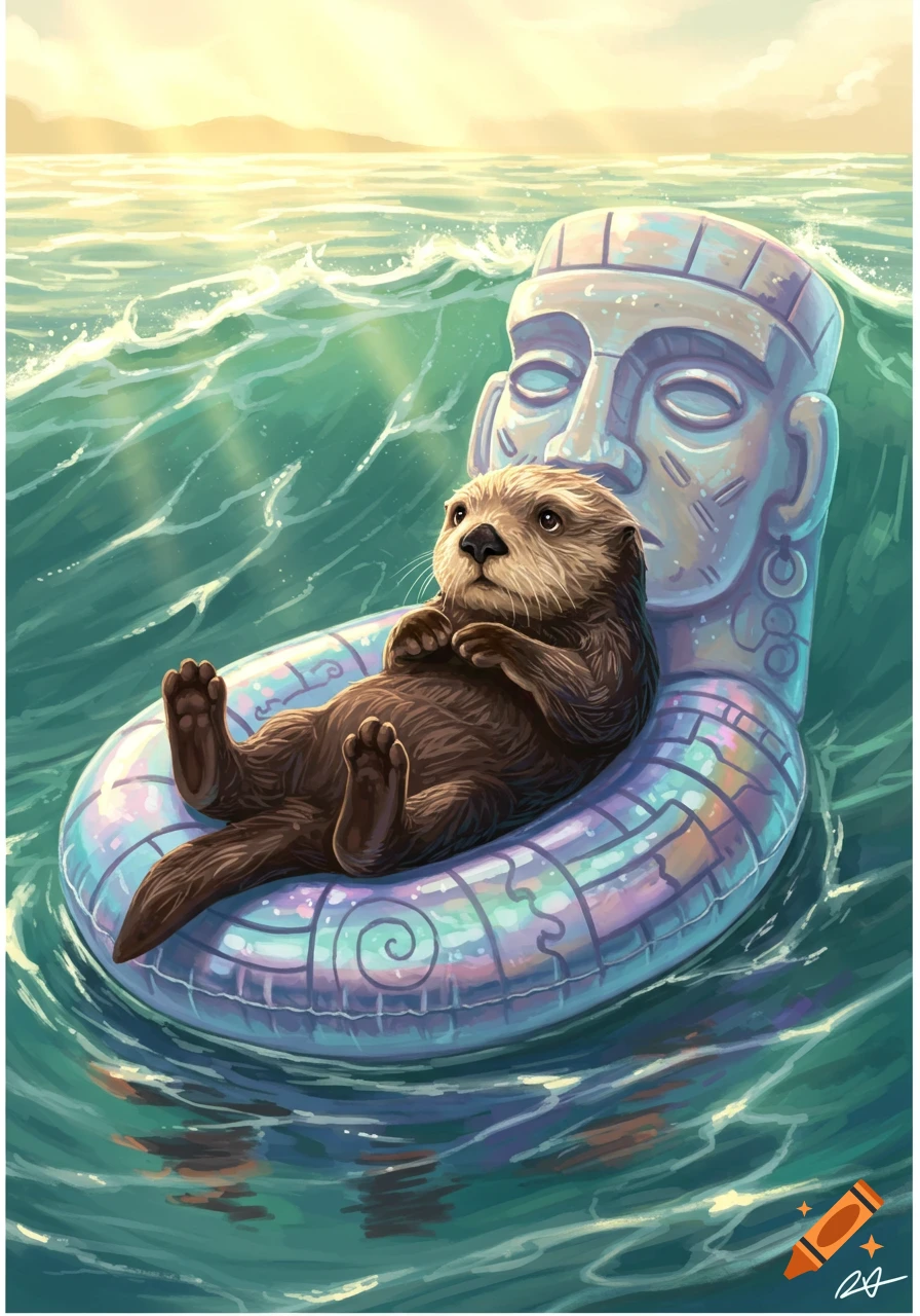 An adorable otter floats on an iridescent inflatable raft shaped like an ancient stone idol in the ocean under a golden sky.