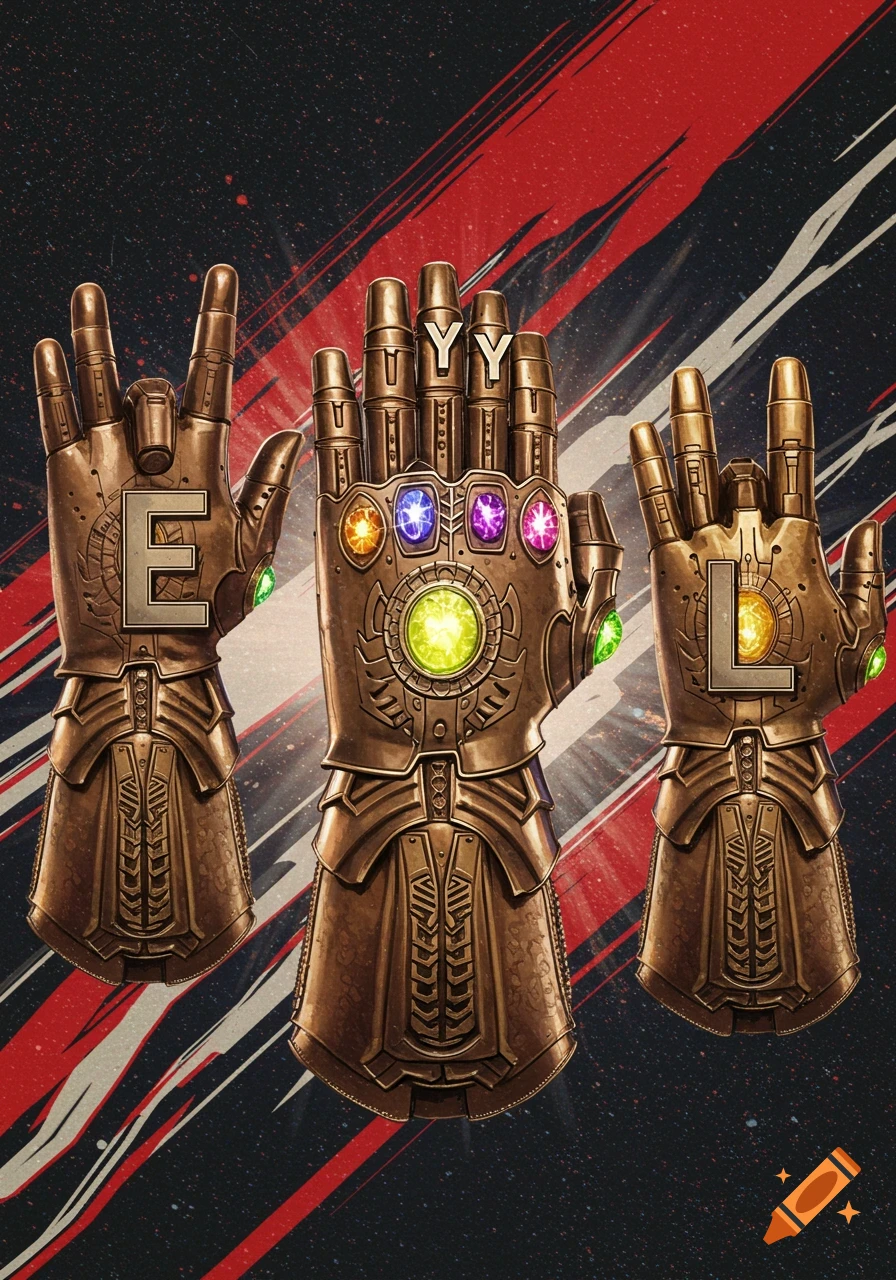 Three bronze Infinity Gauntlets against a red, black, and white grunge background, forming the letters E, YY, and L.