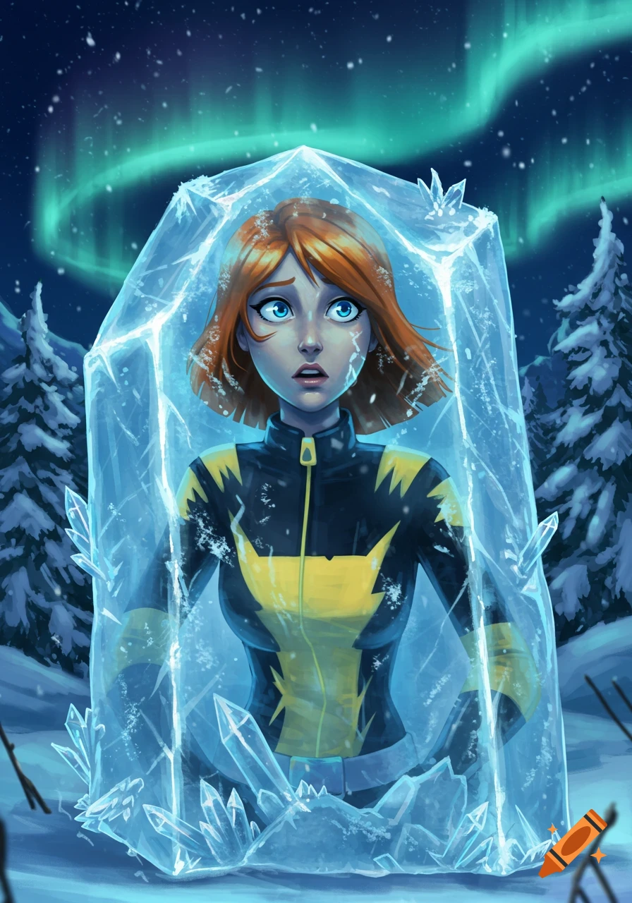 A cartoon character with orange hair in a black and yellow suit frozen in a block of ice in a snowy forest under a green aurora.