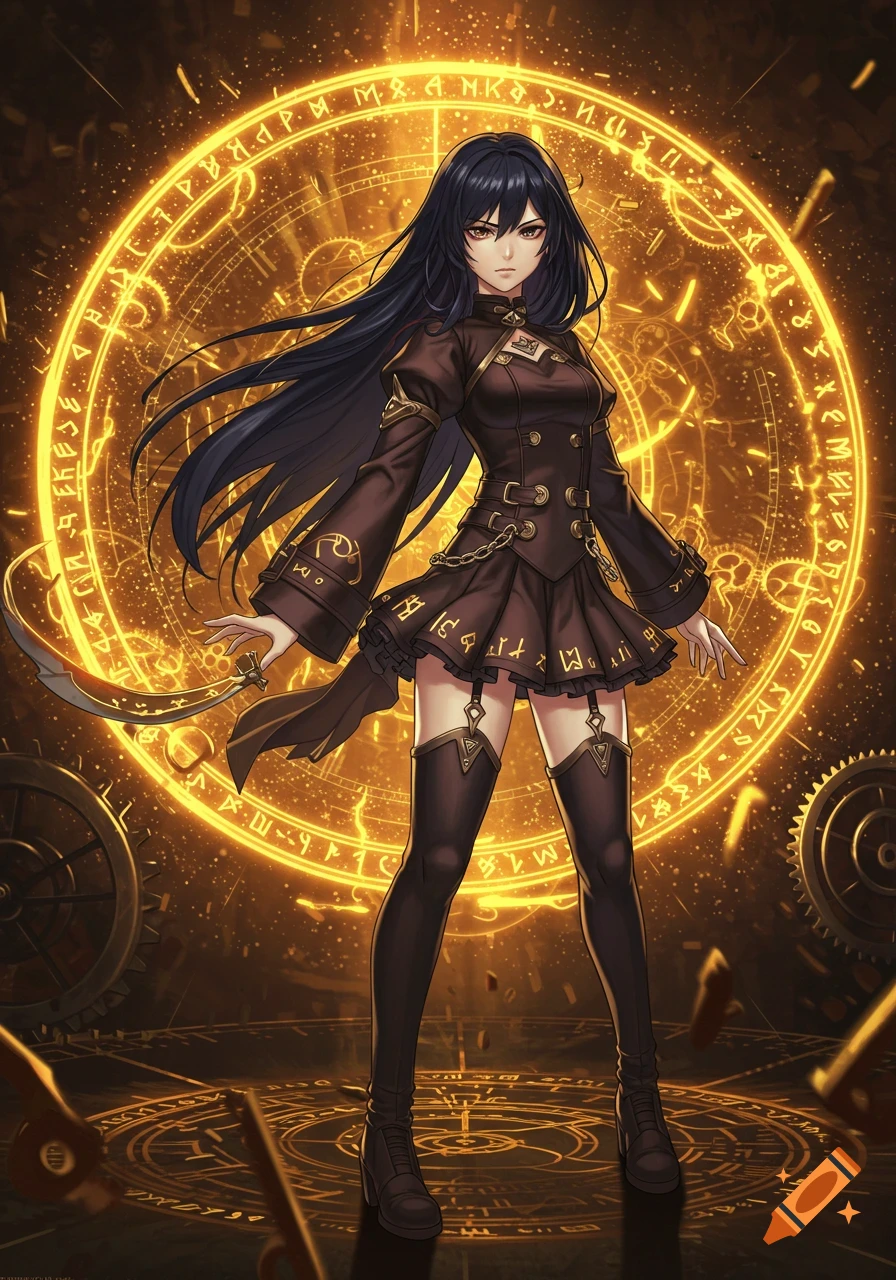 Full body anime portrait of a dark-haired girl in a brown fantasy outfit, standing in a golden, glowing magical circle with runes and gears.