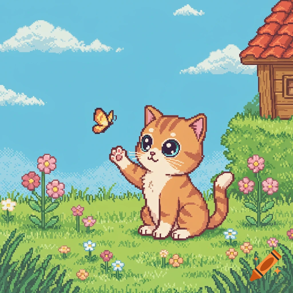 Cute pixel art kitten reaching for a butterfly in a field of flowers under a blue sky, with a house in the background.