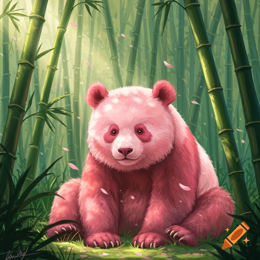 A pink panda sits amidst green bamboo stalks and falling pink petals, depicted in an illustrative style.