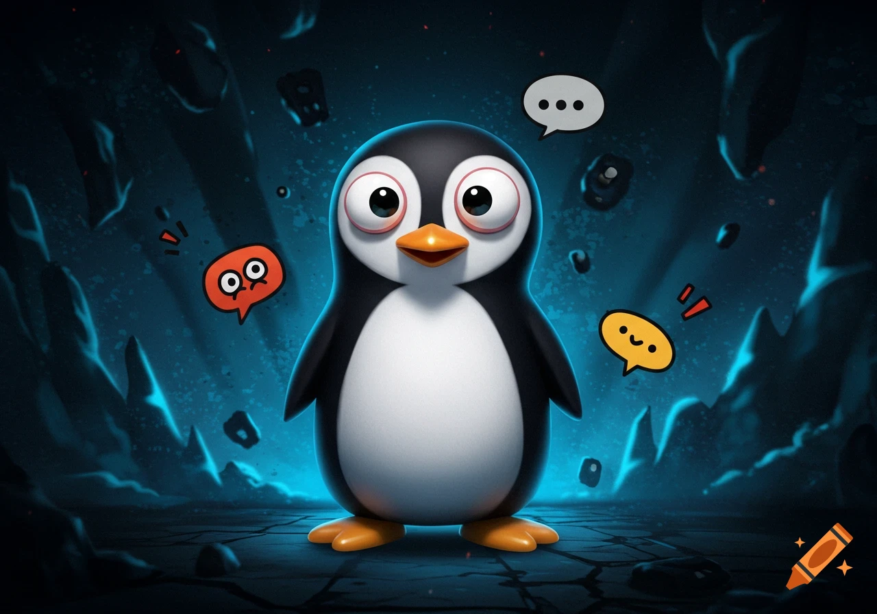 A cute cartoon penguin, resembling Tux, stands in a dark, stylized blue-lit environment with floating debris and glowing cracks. Speech bubbles with emojis and dots float around it.