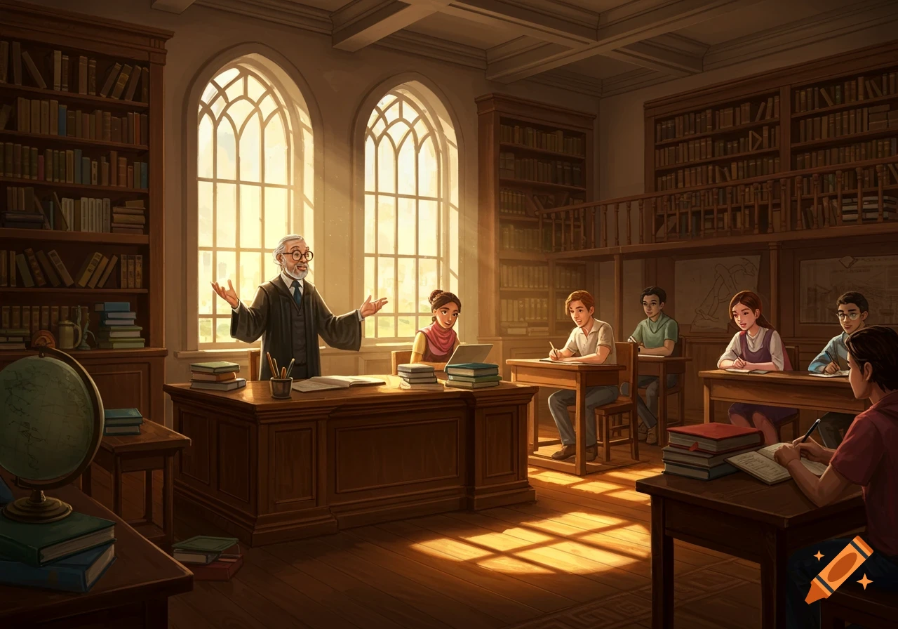 An illustration of a professor teaching a class of students in a sunlit library with large windows and bookshelves.