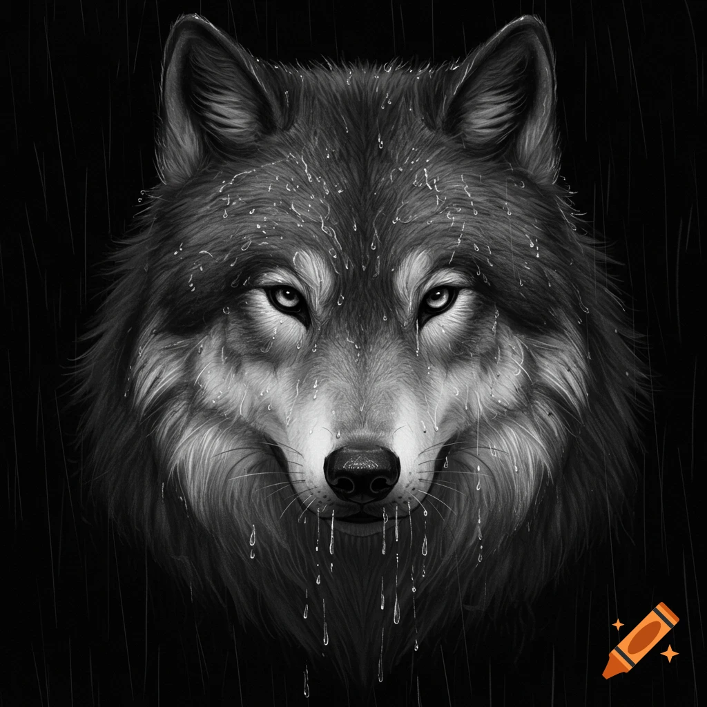 A black and white sketch of a wolf's head in the rain, with water droplets on its fur and dripping from its snout.