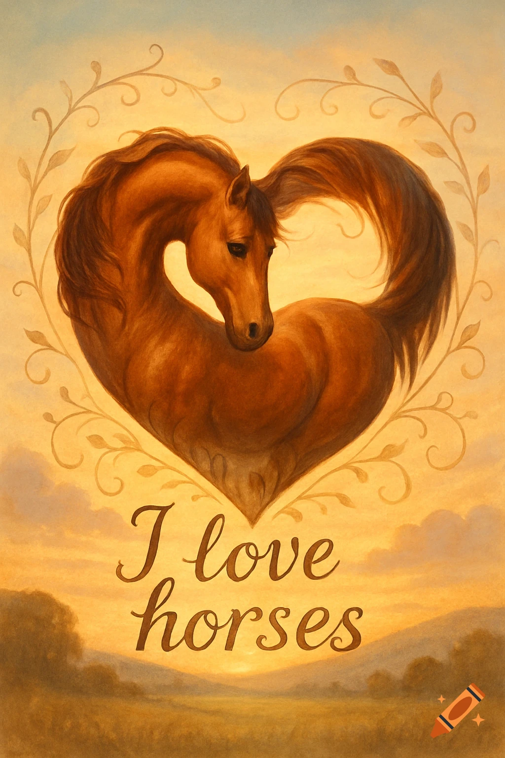 A brown horse with its neck and tail forming a heart shape, framed by vines, above 'I love horses' text, set in a golden landscape.