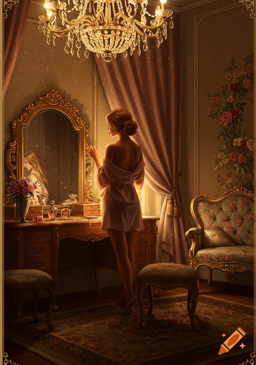 Woman in a white robe standing at an ornate dressing table with a mirror in a luxurious, dimly lit room.