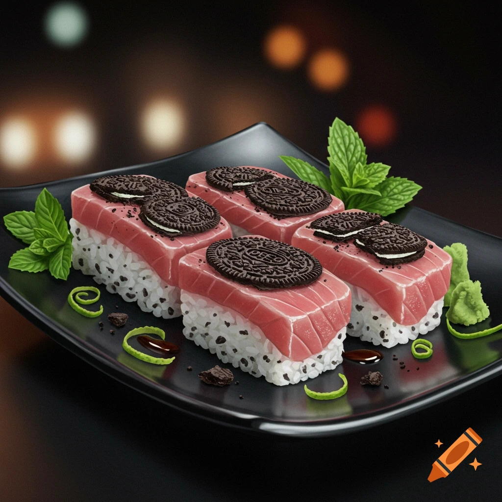 Four pieces of nigiri-style sushi topped with Oreo cookies on a black plate with mint and lime zest, with a blurred background.