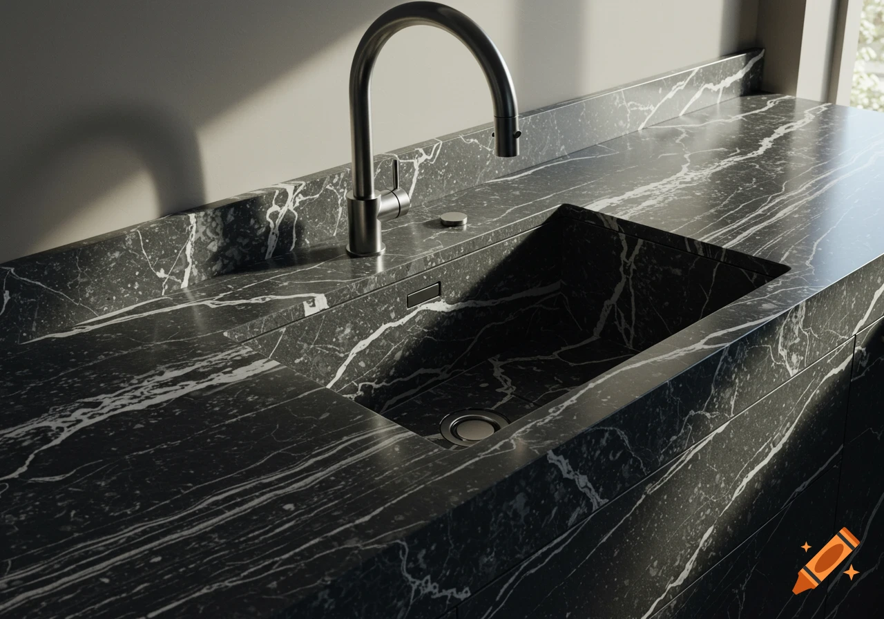 Modern kitchen countertop and integrated sink made of black marble with white veining, featuring a stainless steel faucet.