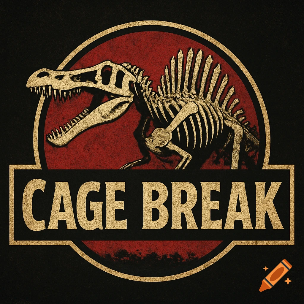 A vintage-style logo with a Spinosaurus skeleton in a red circle and the text 'CAGE BREAK' below.
