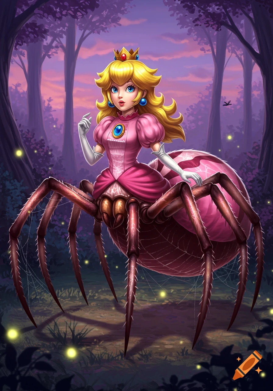 Princess Peach with a pink spider body stands in a dark, purple forest with glowing fireflies.