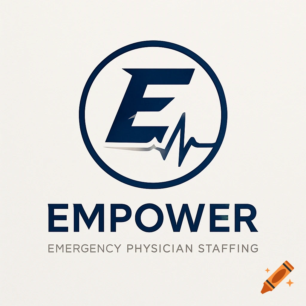 A blue and white logo with a stylized 'E' inside a circle, a heartbeat line, and the text 'EMPOWER EMERGENCY PHYSICIAN STAFFING'.