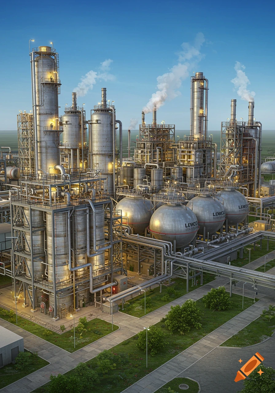 An aerial view of a sprawling industrial LNG plant with large spherical tanks, tall distillation columns, and intricate piping under a blue sky.