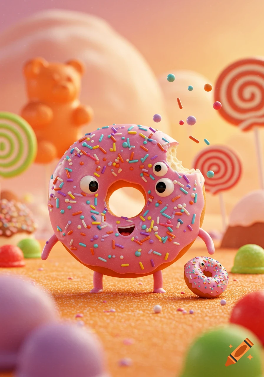 A cheerful, pink cartoon donut with sprinkles and a bite taken out stands in a whimsical candy land with lollipops and a smaller donut.