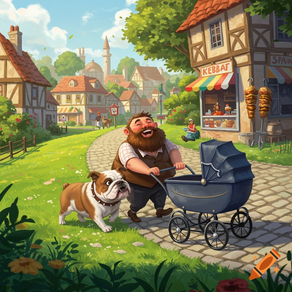 A cheerful bearded man pushes a pram with a bulldog on a cobbled path in a whimsical cartoon village.