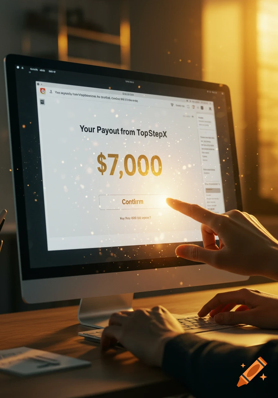 Close-up of a person's hands interacting with a computer screen displaying a $7,000 payout from TopStepX, with a warm, golden glow.