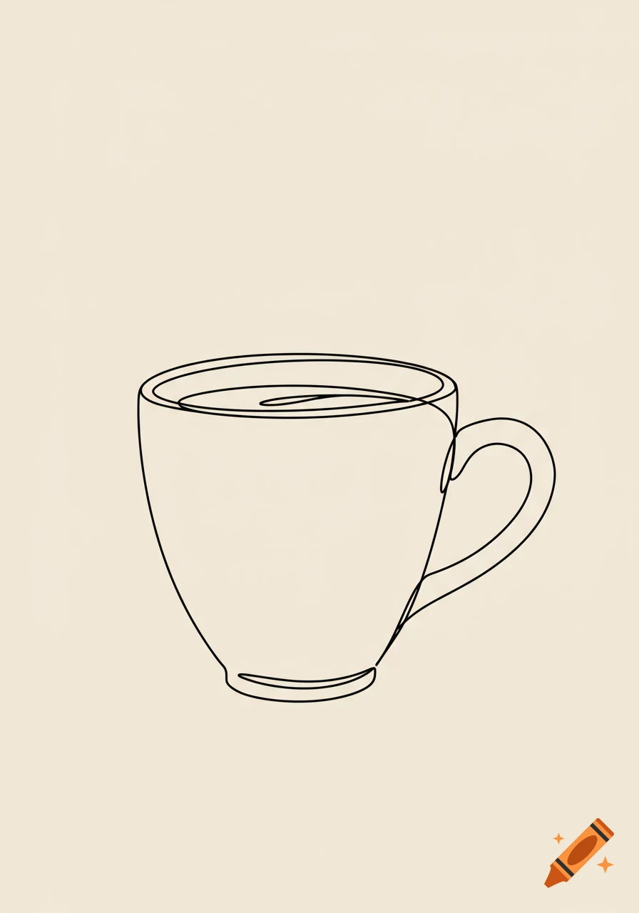 A simple black single line drawing of a coffee cup on a light beige background.