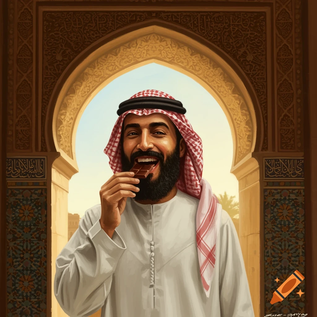 A smiling Arabic man with a beard, wearing a white thobe and red keffiyeh, bites into a chocolate bar under an ornate arched doorway.