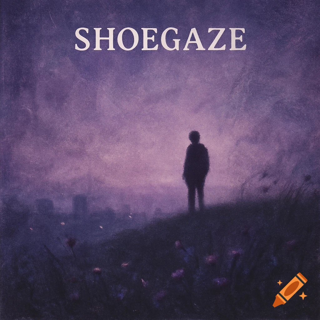 A silhouette of a person standing on a hill, with a blurry, purple-hued landscape and the word SHOEGAZE above.