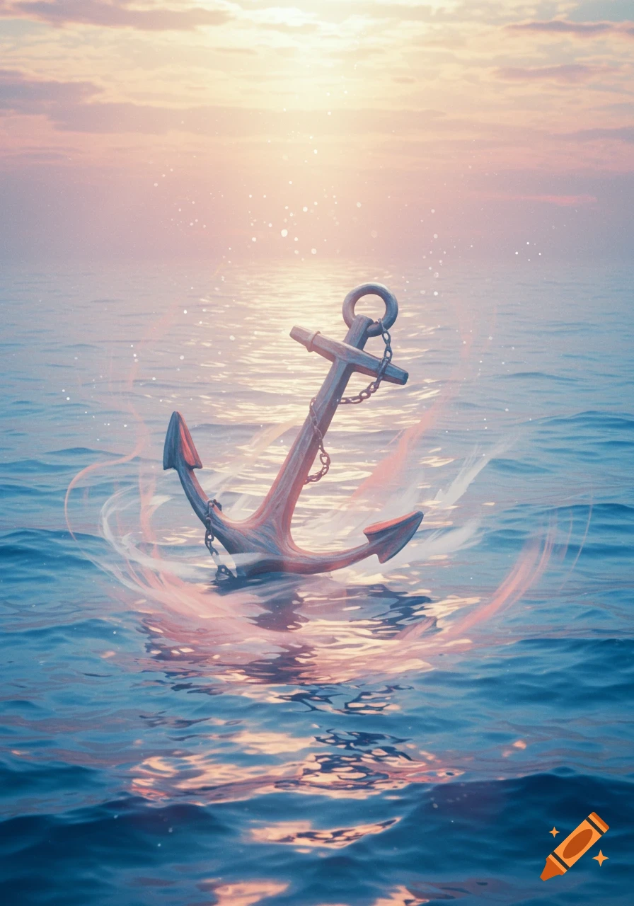 A stylized anchor floats partially submerged in calm blue water at sunset, surrounded by ethereal glowing energy.