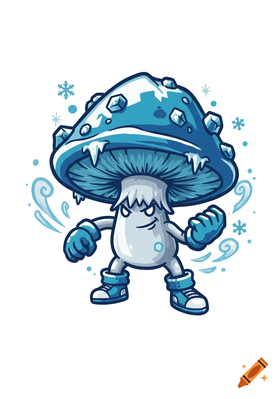 A cartoon ice mushroom character with a blue cap and white body, surrounded by snowflakes and icy swirls.