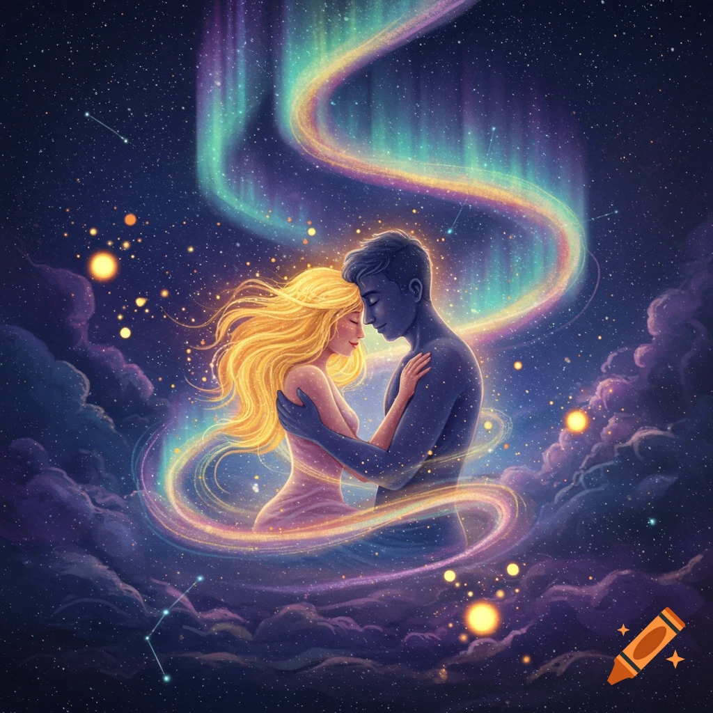 An illustrative image of a man and a woman embracing in a starry cosmic void with vibrant aurora-like lights and purple clouds.