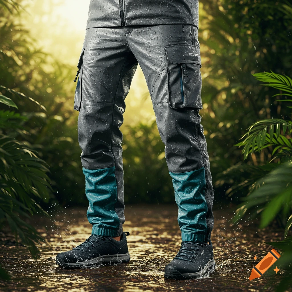 Close-up of a person wearing grey and teal waterproof cargo pants and black shoes, standing in water in a forest.