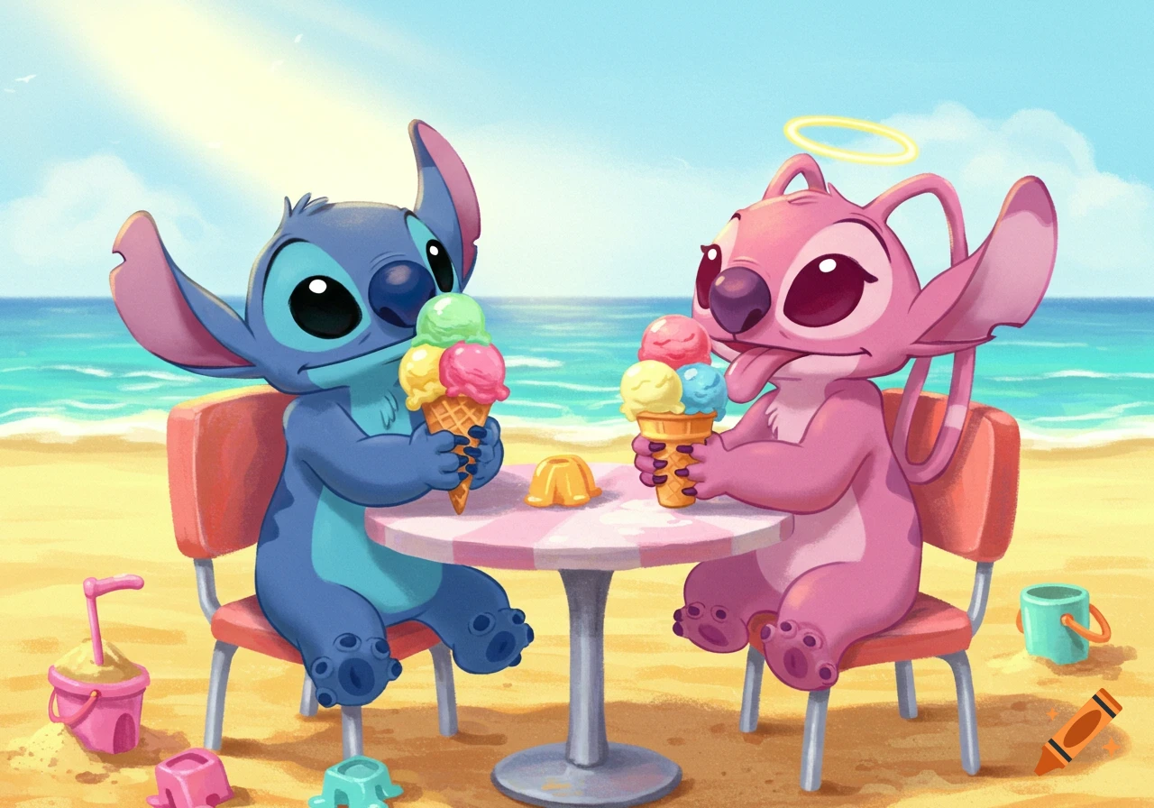 Stitch and Angel, cartoon characters, happily eating ice cream cones at a small table on a sunny beach.