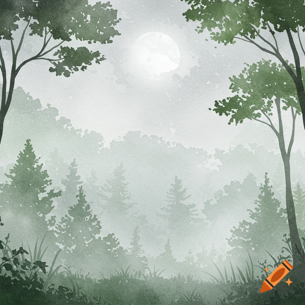 A gray-green watercolor forest scene at night, with a bright full moon visible through the misty trees.