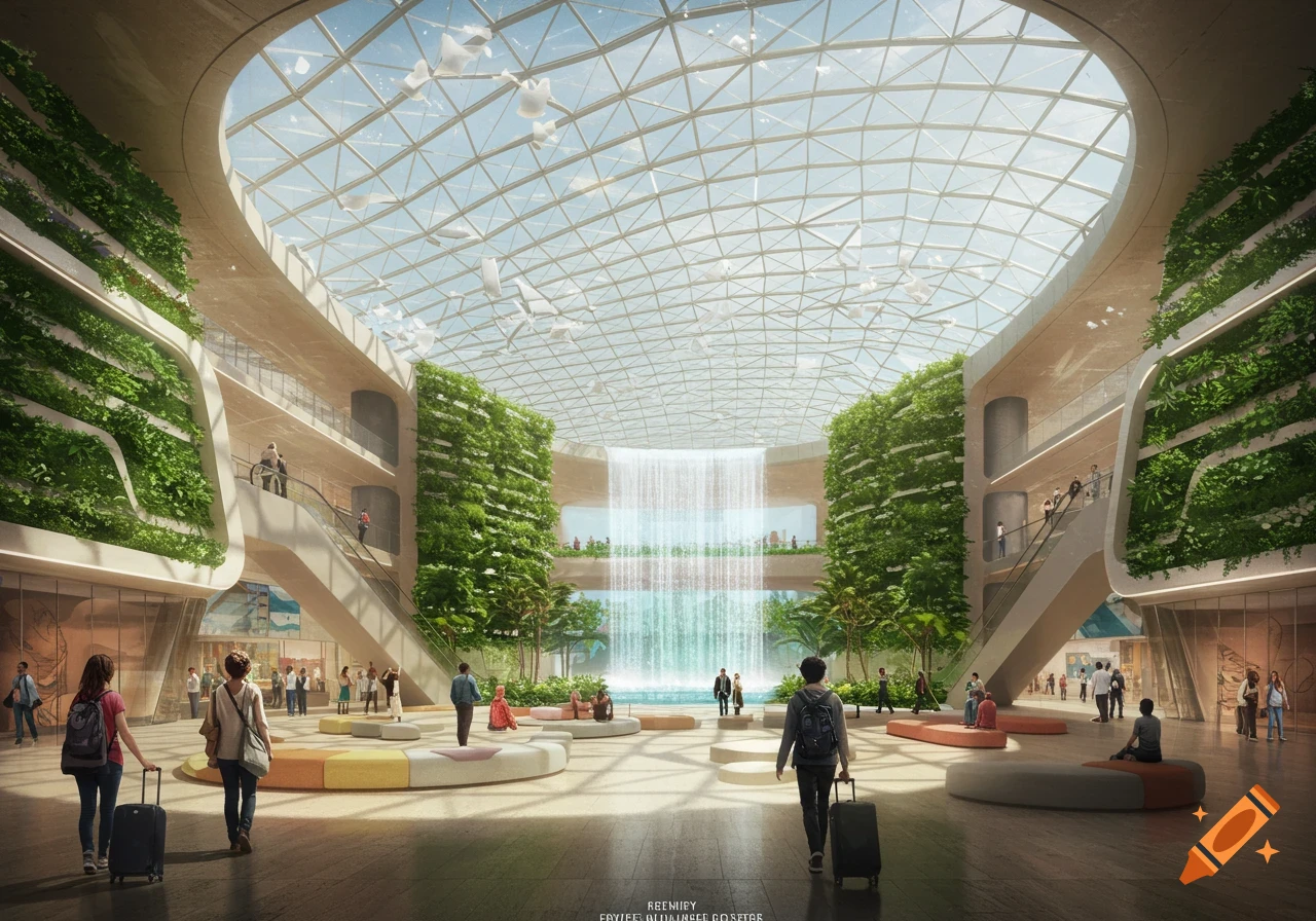A grand, modern train station hub featuring lush vertical gardens, a central waterfall, and a glass domed ceiling, with people walking and sitting.