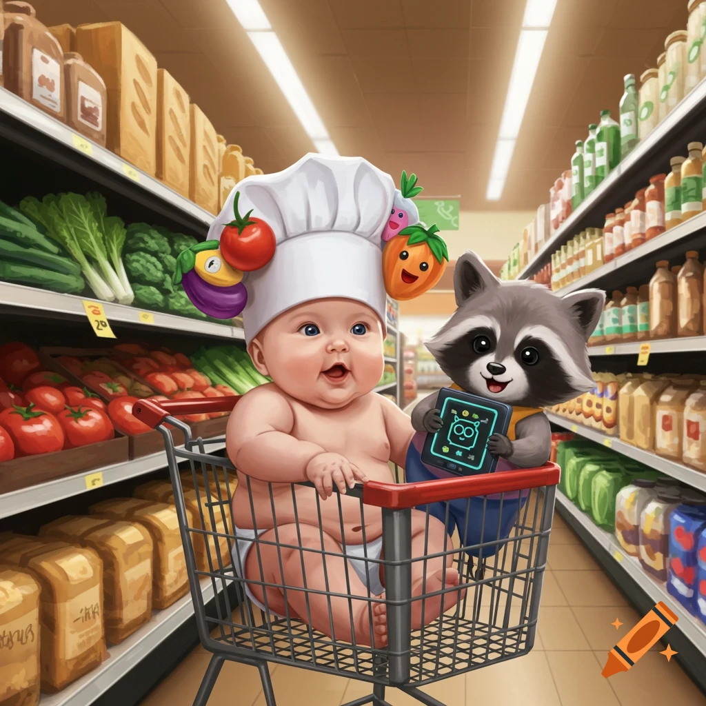 A cute baby in a chef hat sits in a grocery cart with a raccoon holding a tablet in a brightly lit supermarket aisle, cartoon style.