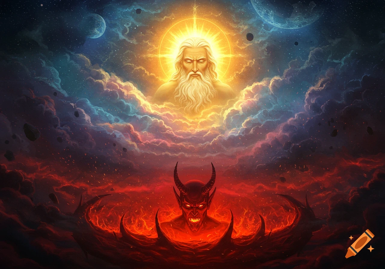 A fantasy illustration showing God above in golden light and the Devil below in fiery red, set against a cosmic backdrop.