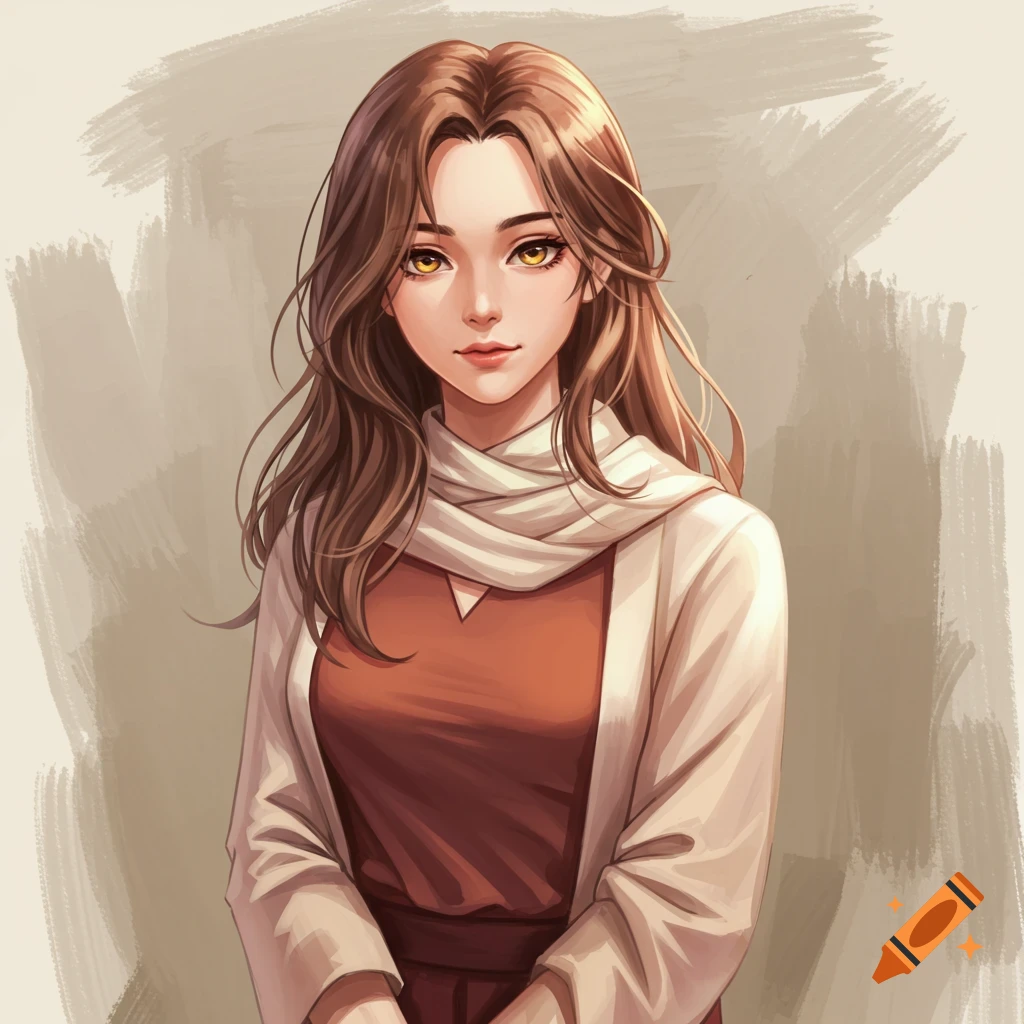 A Japanese semi-realism anime illustration of a young woman with light brown hair and amber eyes, wearing a red top and white scarf.