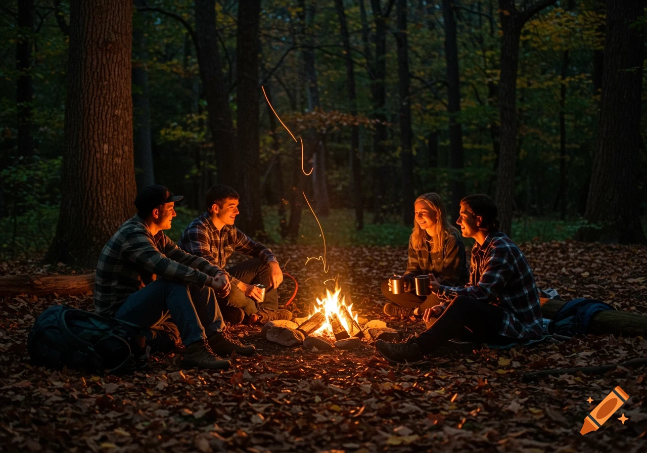 Four friends sit around a crackling campfire in a dark forest at night, enjoying their time together.