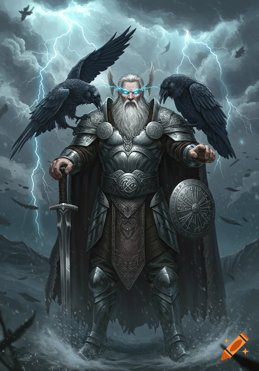 A majestic bearded figure, resembling Odin, in ornate armor, stands holding a sword with two ravens on his shoulders under a stormy, lightning-filled sky.